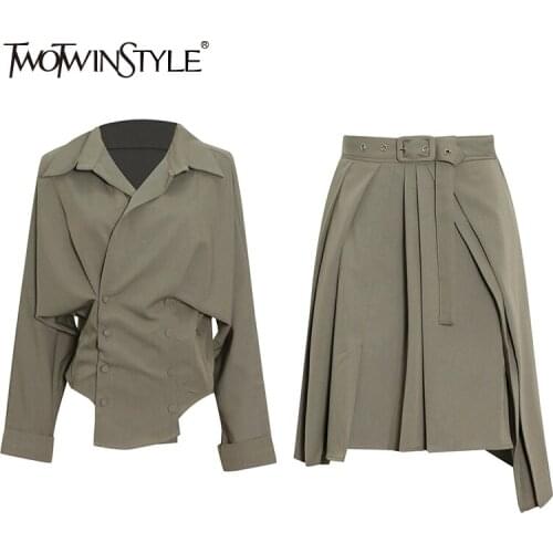 TWOTWINSTYLE Casual Two Piece Set Womens Lapel Collar Long Sleeve Tops High Waist Mini Skirts Solid Suits Female Autumn Clothing