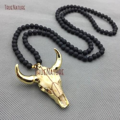 High Quality Onyx Beads Resin Necklace Pure Gold Color Dull Polished Ox Head Charm Necklace Unisex Jewelry In 32 Inch NM4304