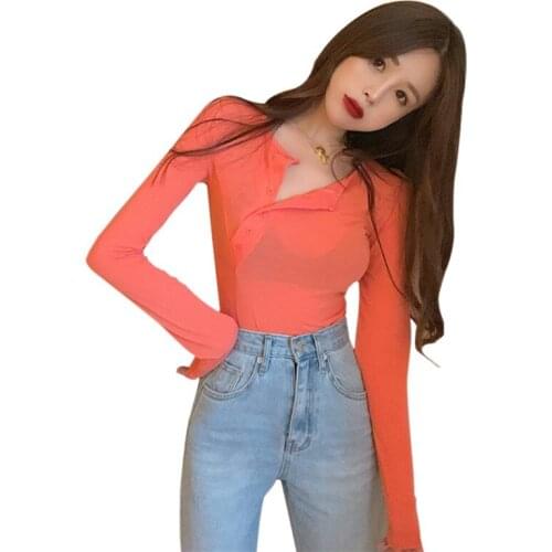Women Solid Color Slim Tshirt Sweet Button Long-sleeved Autumn Solid Color Korean Bottoming Tee Shirt