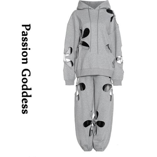 Fashion Women 2 Piece Tracksuits Petal Cutout Sweatsets Hoody Sweatshirts Drawstring Sweatpants Flower Hollow Out Two Piece Sets