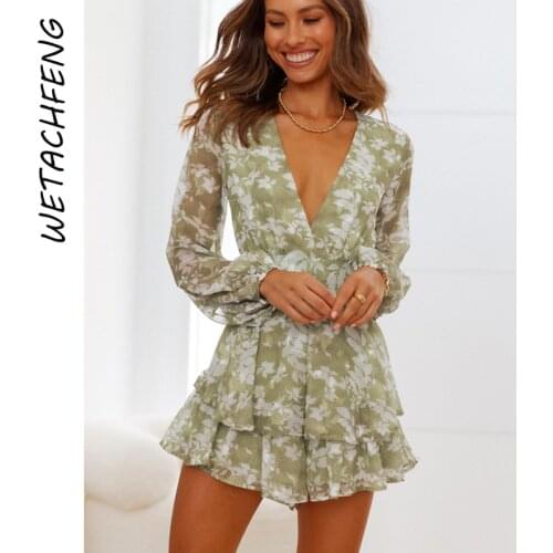 Women Jumpsuits Summer Sexy V Neck Leaf Printed Shorts Rompers Green Ruffles Long Sleeve Playsuits 2021 Fashion Overalls Outfits