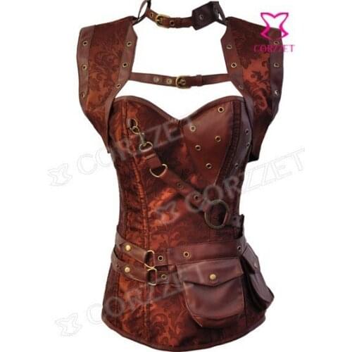 Steampunk Gothic Style Brown Jacquard Steel Bone Overbust Corpete Women Womens Corset Tops Sexy Corselet Burlesque Punk Bustier