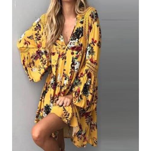 Women Mini Dress Boho Floral Print New Lantern Sleeve Long Sleeve Dresses V-neck Loose Sexy Hollow Out Beach Sundress #T1G