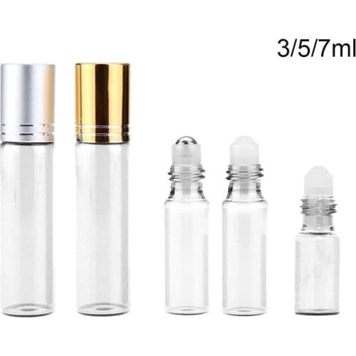12pcs 3ml 5ml 7ml Mini Clear Refillable Roll on Glass Bottles Essential Oils Roller Perfume liquid with gold silver cap