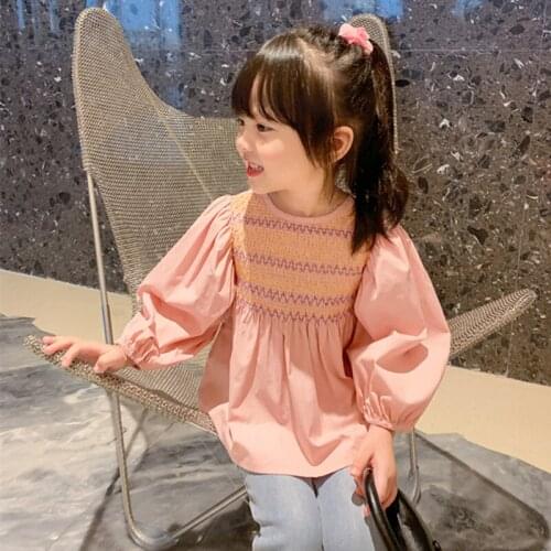 2021 New Arrival Spring 100% Cotton Baby Girls Tee Tops Long Sleeve Round Collar Crumpling T-shirt Kids Girl Clothes For 2-7T