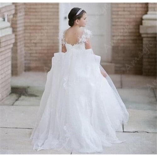 Amaya White Puffy Tulle Lace Arabic Flower Girl Dresses Sleeveless Spaghetti Straps Child Dresses Holy Communion Gown