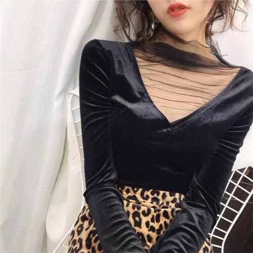 Blouse Women V-neck Stitching Mesh Velvet Shirts Long Sleeve Slim-Fit Top Women Blusas Ropa De Mujer