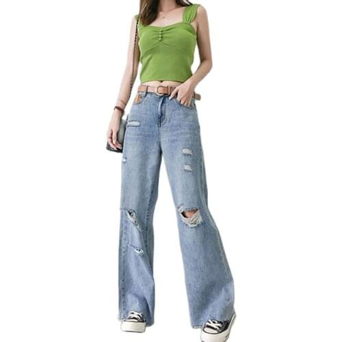 New High Waist Womens Fashion Loose Destroyed Hole Denim Mopping Pants Casual Vintage Wide Leg Jeans Trousers