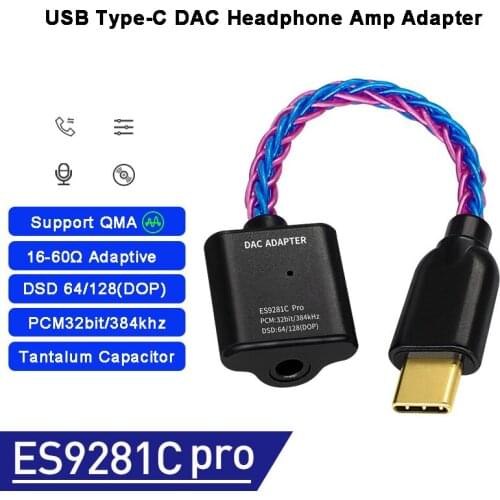 ESS ES9281C PRO DAC USB Type C to 3.5mm MQA Amplifier DSD128 384khz HIFI Decoder Adapter DAC Dongle Converter for Win 10 Android