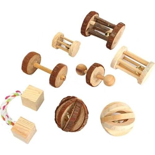 Hamster Natural Wooden Wood Molar Chew Toys Pine Dumbbells Unicycle Bell Roller Toys for Guinea Rat Small Pet Molars Supplies