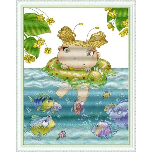 Joy Sunday Cross Stitch Kits Leprechaun Learns To Swim Paintings 11CT 14CT DMS Cross Stitch Pattern Kits DIY Needlework Sets