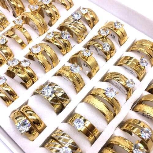 MixMax 20 Sets of 2 IN 1 Hand Inlay Zircon Stone Golden Plated Stainless Steel Rings for Men Women Wedding Band Party Jewelry