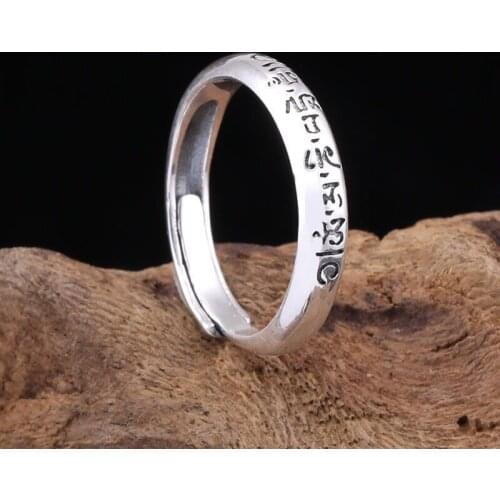 New Six-character Mantra Ring Male Turn Open Ring Vintage Thai Silver Couple Ring Pair