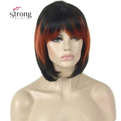 Short Black Red Mix color Part with Bangs Full Synthetic Wig