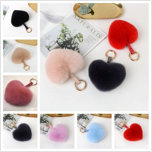 Creative plush ball heart-shaped mobile phone keychain artificial rex rabbit fur ball car key ring ladies bag pendant jewelry