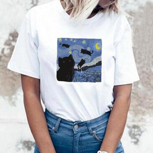Fashion Van Gogh Starry Night Cat In The Print T Shirt Women Tops Summer Short Sleeve Tee Shirt Femme Casual Harajuku T-shirt