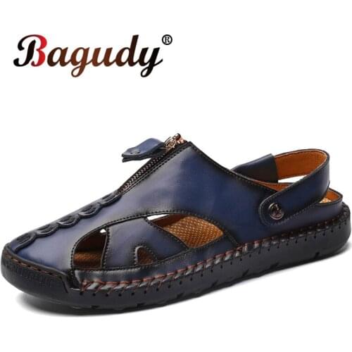 Bagudy New Fashion Summer Beach Breathable Men Sandals Brand Genuine Leather Mens Sandals Outdoor Man Casual Shoes Size 38-48