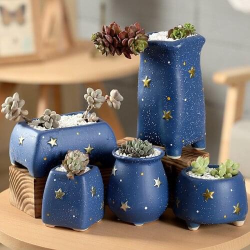 New Stars Blue Ceramic Succulent Flower Pot Home Decoration Creative Handmade Hole Craft Succulent Flower Pot Vase Ornament