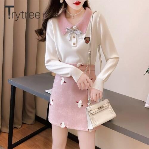 Trytree 2020 Autumn Winter Two Piece Women Sets Casual Pearl Bow Knitted Polo Sweater + Mini Skirt Crane Embroidery 2 Piece Set