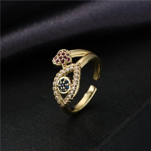Lucky Evil Eye Ring Femme Bijoux Fashion Gold Color CZ Heart Open Ring Adjustable Size Female Wedding Ring Gift