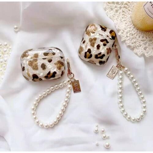 Luxury Leopard Pearl Case for Apple Airpods 1 2 3 Bracelet Chain Case for AirPods Pro Case Bluetooth Earphone Accessories Box