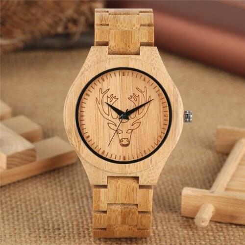 Modern Handmade Wood Mens Wristwatches Deer Design Dial Timepiece Causal Quartz Analog Watch Adjustable Band Length Reloj Gift