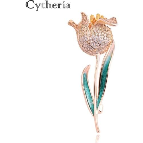 Top luxury shiny rhinestone rose gold silver tulip pins brooches for women elegant charm pins dress party gifts