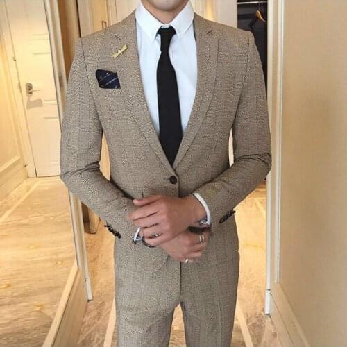 Tweed plaid slim fit nightclub party prom male Khaki Gray 2020 Autumn Winter suit Men