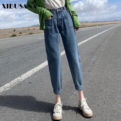XIBUSANA Vintage High Waist Solid Women Jeans Casual Straight Wide Leg Jeans Female All-match Ankle Length Lady Denim Jeans 2020