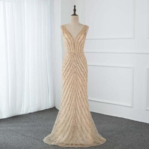 YQLNNE Elegant Gold Beading Long Prom Dresses 2020 V Neck Mermaid Formal Party Gown Sleeveless Vestido De Festa