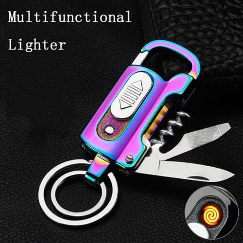 Zinc Alloy Windproof Keychain Electric Lighter Multifunctional Cool Lighters Wine Opener Knife Flashlight Slotted Screwdriver