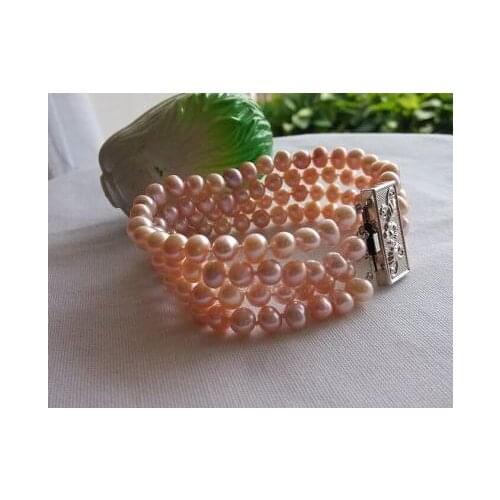 Handmade Pearl Bracelet 4 Rows 8 Inches 6-7mm Natural Lavender Freshwater Pearl Bracelet