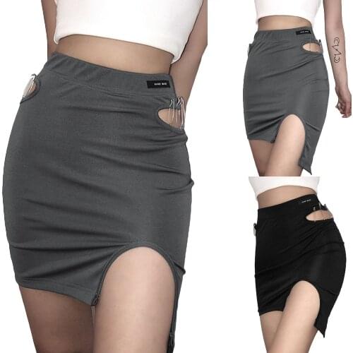 Women Close-fitting Skirt, Elastic High Waist Hollow Out Irregular Hem Dress, Black/ Dark Grey