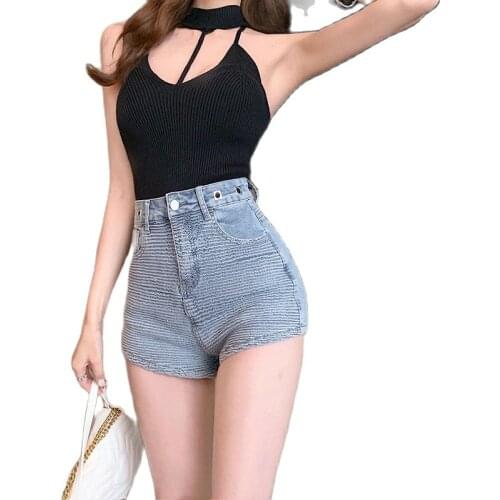 High Waist Denim Shorts Womens 2021 Summer New Wrinkled Fabric Show Thin Sexy Fashion A-line Pole Dance Shorts