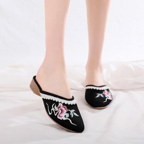 YourSeason Ladies Knitted Cotton Fabric Pointy Toe Mules Flats Summer Vintage Women Comfort Pearls Embroidered Shoes