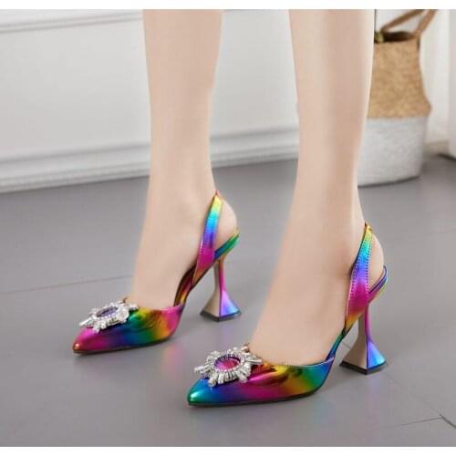 Rainbow Color Women Sandals Elegant Pointed Toe Sun Style Rhinestone High Heels Weeding Shoes Spike Heel Pumps Sandals Drop Ship