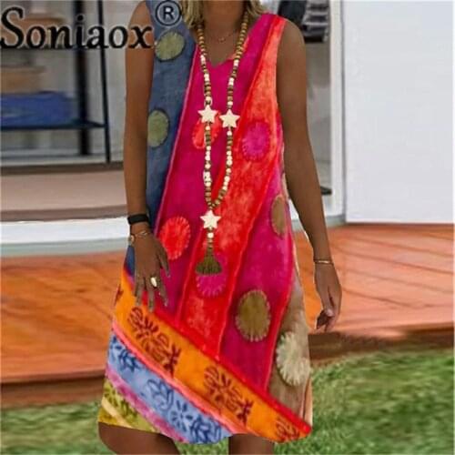 Fashion Print Splice Loose Large Size V-Neck Sleeveless Boho Casual Clothing For Summer 2021 New Arrival Women Plus Size Dresses