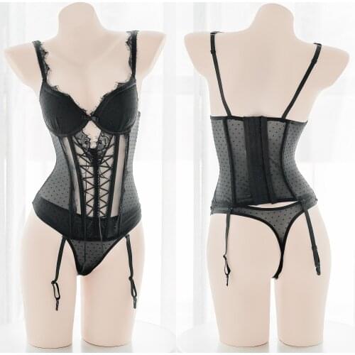 Womens Sexy Lace Underwear Suit Vest Micro perspective French Pajamas Hollow out Corset underwear set Cosplay Private Bodysuit