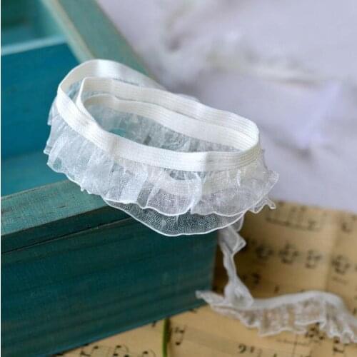 10 Meters/lot 22MM Width Off White Lace Trim Double Layer Elastic Ruffle Lace Trimming Stretchy DIY Dress Headwear Lace Ribbon