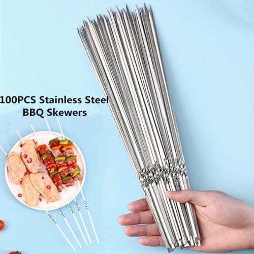 100PCS Stainless Steel Skewers Reusable Flat Barbecue Skewer Bbq Grilling Needle Stick for Outdoor Camping Picnic BBQ Sticks Set