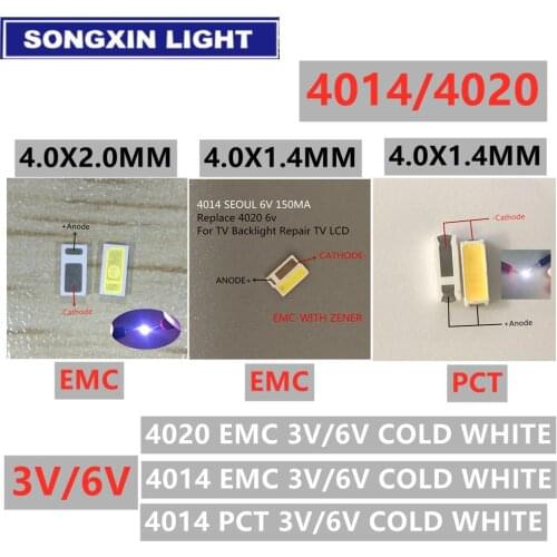 50PCS/Lot 4014 4020 CHIP-2 SMD LED Beads Cold white 1W 6V 3V 150mA For TV/LCD Backlight