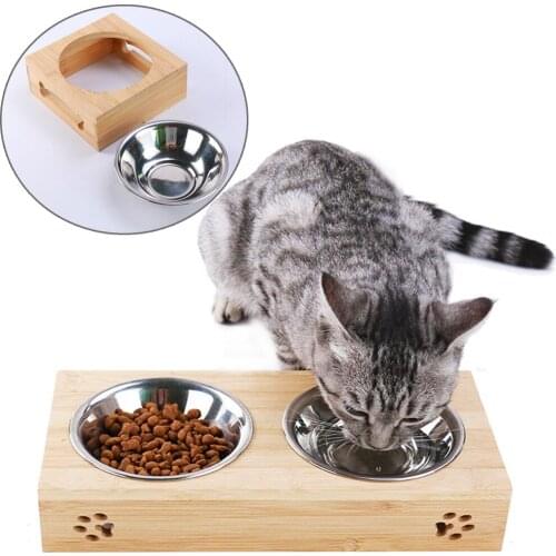 Wooden Frame Cat Pet Double Eating Food Bowl Dog Drinking Water Bamboo Rack Single Feeder Puppy Stainless Steel Feeding Dishes