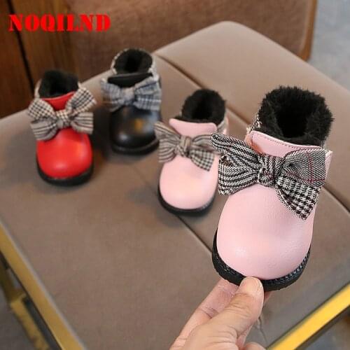 Baby Boots Winter Shoes For Kids Girls Snow Boots Boys Warm Plush Shoes Short Booties Fashion Butterfly-knot Shoes 1 2 3 Years