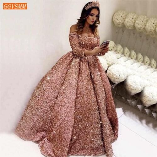 Dubai Pink Long Sleeves Prom Dressses 2020 Sequines Sparkle Top Quality Sexy Party Gowns Custom Made Vestidos De Gala Sell Well