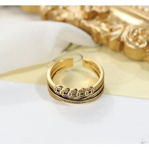 Chinese Retro Jewelry with Cross Line Copper Coin Ring Coin Lucky Open Double Ring for Female Anniversary Gifts Wholesale
