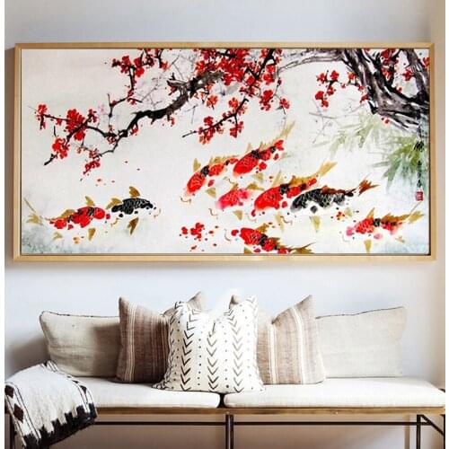 Chinese Lucky Koi Plum Red Flower Pintura diamond painting square round diamond embroidery drill mosaic cross stitch A664