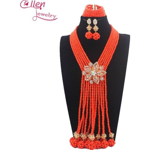 Orange African nigerian Wedding bridal beads Jewelry Set African style Crystal beaded necklace women Jewelry Set W13581