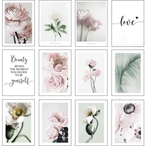 Wall Art Decoration Fresh Pink Flower Painting Canvas Poster Girl Room Decor Aesthetic Green Leaves Living Room Home Decor