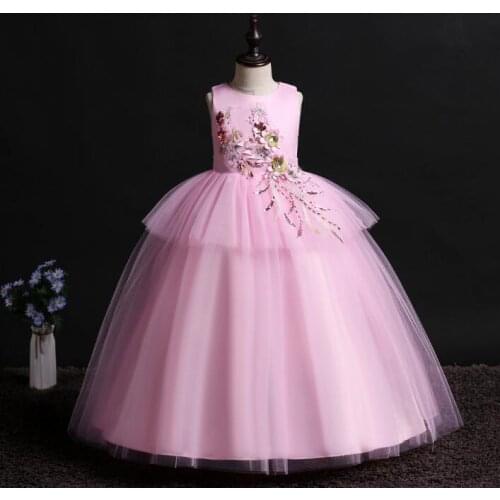 Girls Solid Color Dress Round Neck Flying Sleeve Embroidery Princess Dress Girls Wedding Lace Designer Dress
