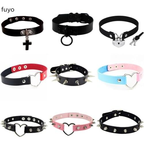 Goth Sexy Collar Rivet Women Man Black Punk Gothic PU Leather Traction Stainless Steel Chains Bondage Necklace Jewelry Necklace